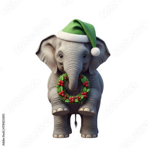 Cute christmas elephant with santa hat and wreath adorable animal holiday season festive celebration december on transparent background
