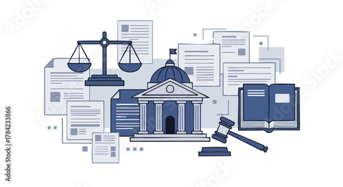 Legal Justice System Depicted with Court House, Scales, and Documents.