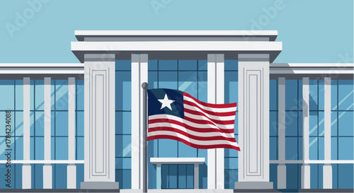 Liberian Flag Waving Proudly in Front of Modern Government Building.