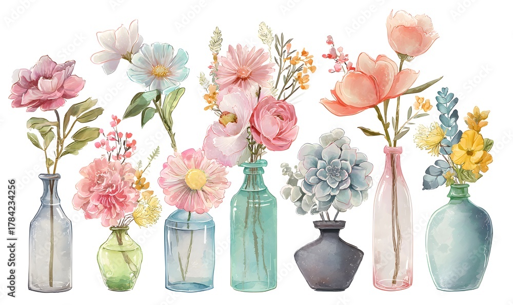 Obraz premium A collection of small watercolor floral bouquets, each in a unique or unusual vase or glass, delicate and whimsical style,