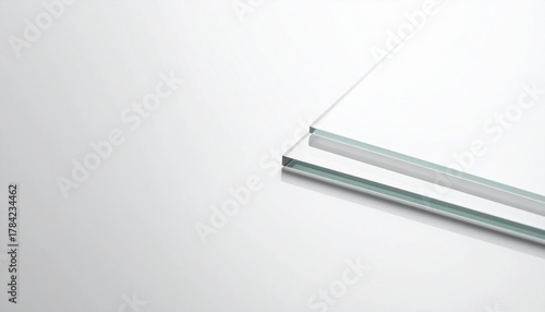 Clear glass sheets on a reflective white surface, ideal for product display or architectural concepts.