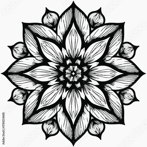 Black and white symmetrical floral mandala with eight petals