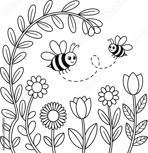 Outline Drawing of Bees and Flowers with Dotted Flight Paths