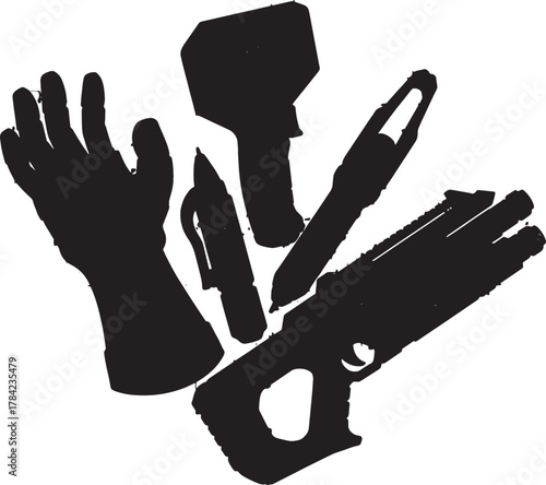 Silhouette of Protective Gear and Tools: A stark black and white composition showcasing a glove, gun, knife, and instrument tools, creating a sense of preparedness and utilitarian focus.