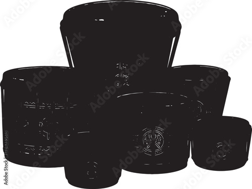 Black Industrial Buckets: A cluster of robust black industrial buckets, showcasing durable design for diverse applications, symbolizing utility and containment.
