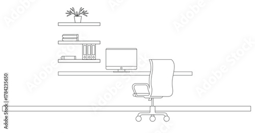 Modern minimalist home office line art vector with desk, laptop, and chair. Clean black and white illustration showing stylish workspace concept for business, productivity, and design.