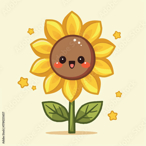 Cute cartoon sunflower with happy face and stars on cream background