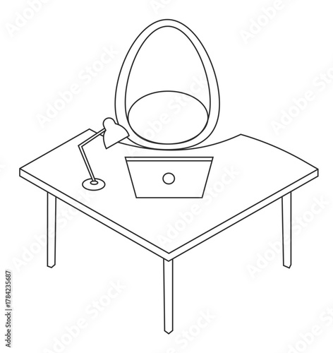 Modern minimalist home office line art vector with desk, laptop, and chair. Clean black and white illustration showing stylish workspace concept for business, productivity, and design.