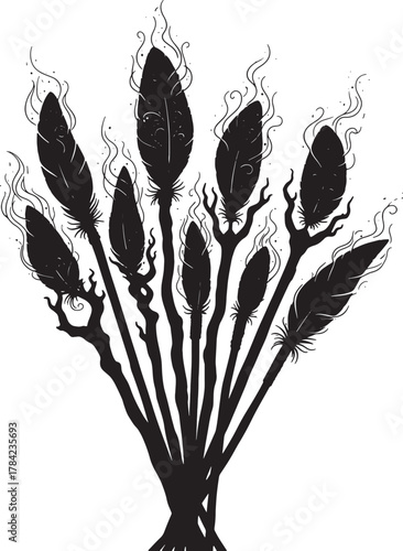 Embers of Awakening: A stylized depiction of feathers, interwoven with flames, evokes themes of rebirth and transformation, against the stark contrast of shadows.