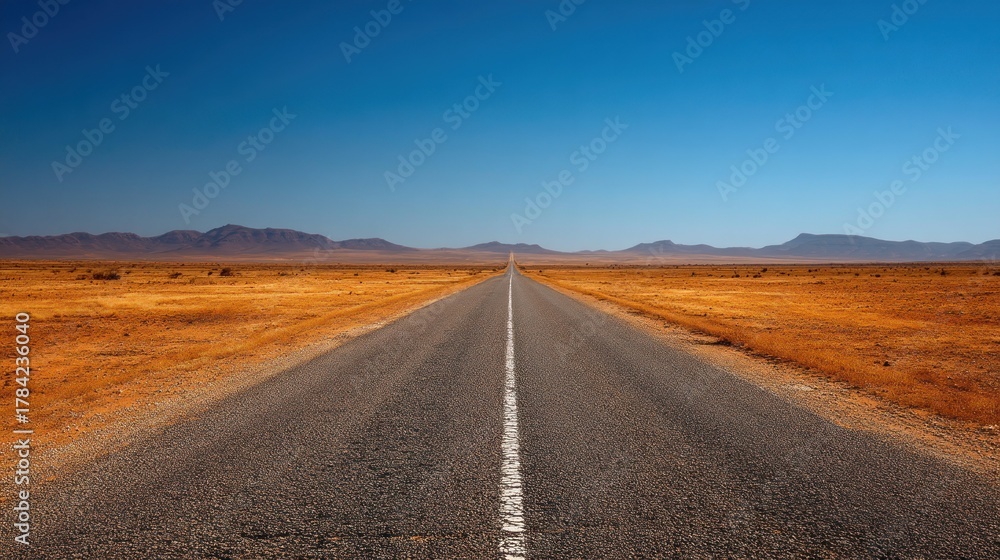 Fototapeta premium A long, straight road stretching into the distance with a clear blue sky above and a flat, arid landscape on either side.