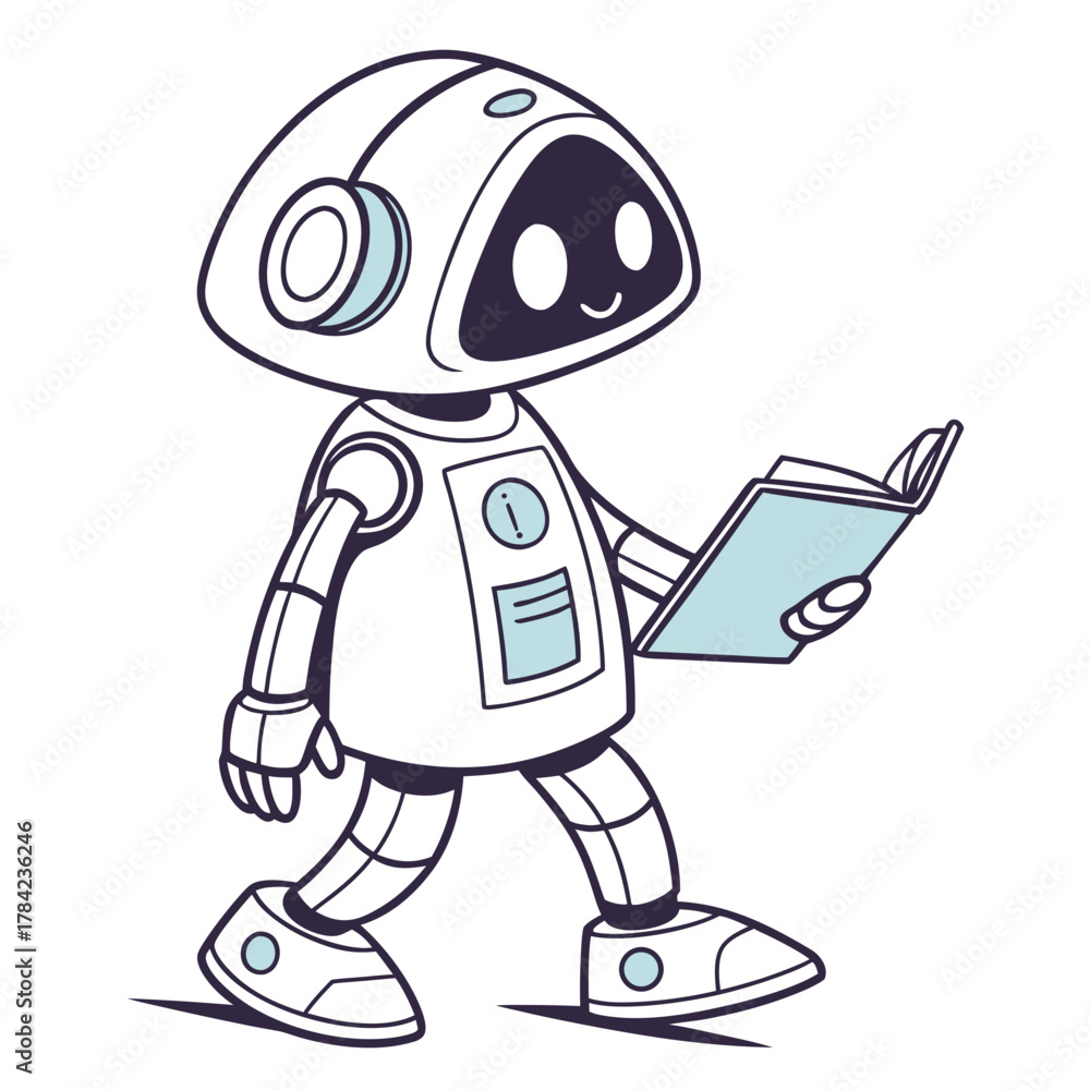 Fototapeta premium Cute cartoon robot character walking and reading a book with a friendly expression
