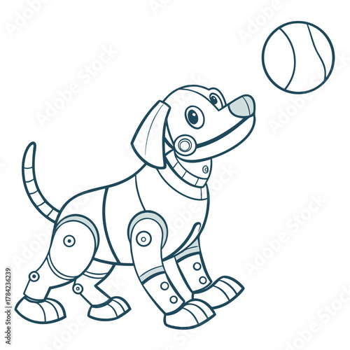 Cute cartoon robot dog looking up at a tennis ball with a playful expression
