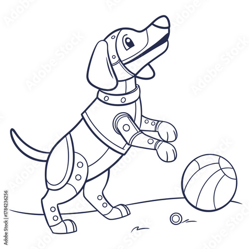 Cute cartoon robot dog playing with a ball in a simple outline drawing