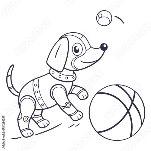 Cute cartoon robot dog playing with a ball and a small ball in the air