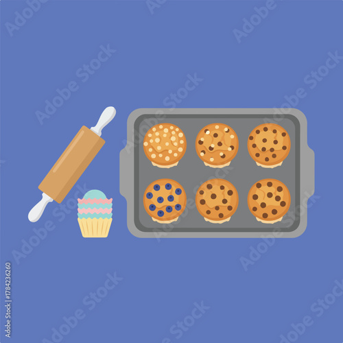 A flat vector image shows a baking sheet filled with cookies, a cupcake, and a rolling pin against a blue background.