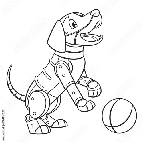 Cute cartoon robot dog with a ball ready to play in outline drawing