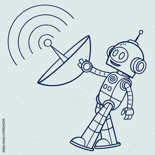Cute cartoon robot holding a satellite dish and broadcasting signals with a happy expression