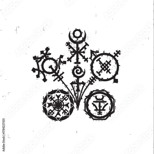 Esoteric Emblems: Intricate, mysterious symbols, perhaps of ancient knowledge or secret societies, are arranged in a dynamic pattern, the design both complex and evocative.