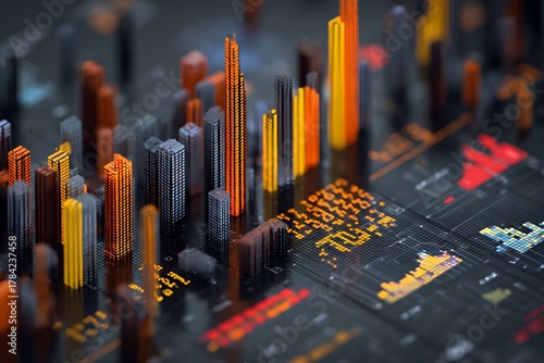 Modern abstract data visualization with vibrant charts and geometric cityscape for financial analysis and business growth projections