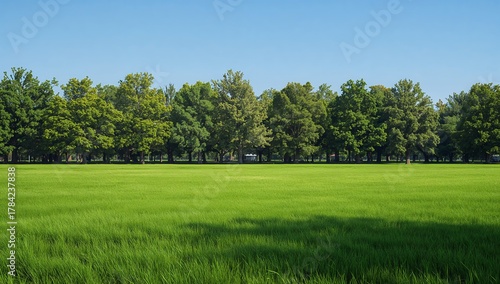 Expansive green grass field and forest line under clear blue sky