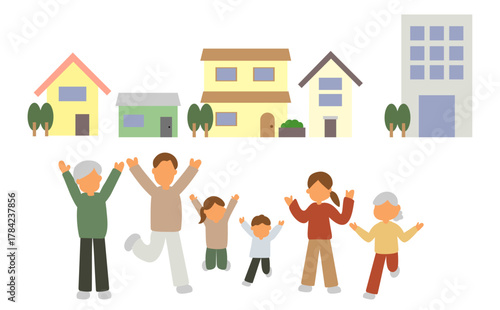 明るく元気な三世代家族と住宅街のイラスト