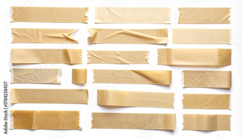 Collection of various brown adhesive tape pieces with torn edges on a white background, perfect for adding texture or a rustic touch to designs.