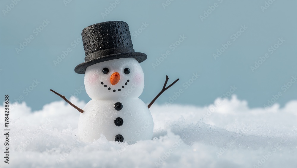 Fototapeta premium Cheerful snowman with a top hat standing in fresh snow, winter