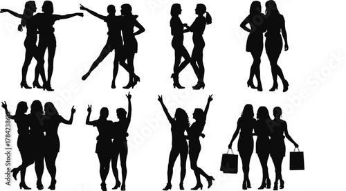 Multiple black silhouettes of women in various poses and groups friendship posing