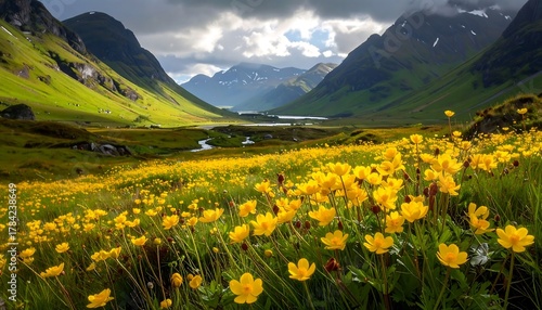Fototapeta Naklejka Na Ścianę i Meble -  Stunning View of a Valley with Wildflowers, Mountains, and a River