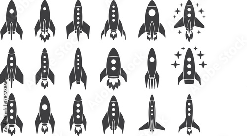 Collection of dark grey rocket ship icons with varying designs and flames spaceship space