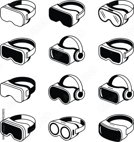 Collection of twelve black and white virtual reality headset icons VR headset VR goggles