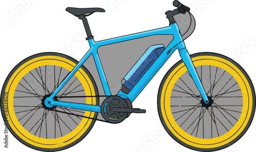 Vector Illustration of Electric Bicycle in Modern Style with Blue Frame and Yellow Wheels