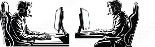 Two men wearing headphones and headsets playing video games on computers male gamer