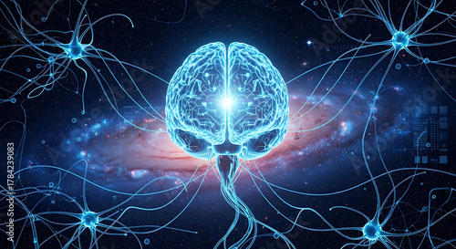 Glowing neural brain floats above a starry galaxy, with blue synapses sparking through space. Across