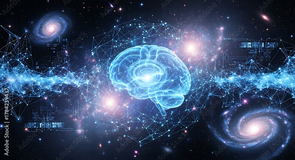 Obraz premium Glowing blue brain core floats amid cosmic galaxies, neon circuitry, and starry neural networks now!