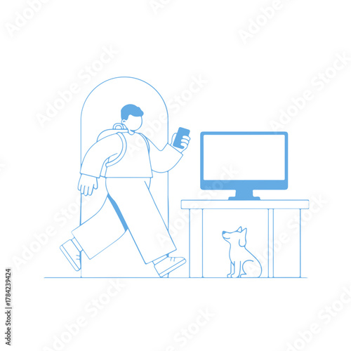 Modern line art shows person coming home with dog waiting by computer desk