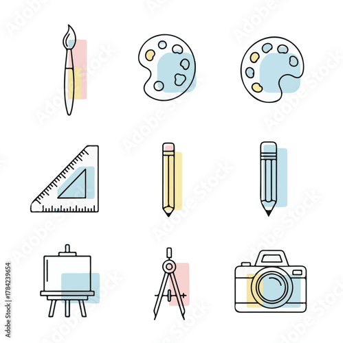 Minimalist Vector Art Set with Artistic Tools and Creative Elements in Soft Pastel Colors