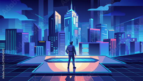  Man Standing on Digital Platform Overlooking Cyberpunk City