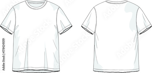Blank white t-shirt front and back view, clean apparel template, isolated cotton tee, fashion design mockup, realistic vector illustration, clothing concept