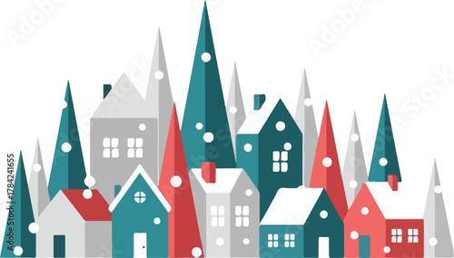 A vibrant Christmas background featuring a stylized illustration of a snowy village with colorful houses and trees on a white background.