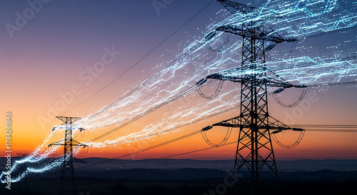 Power towers silhouette against a sunset sky, electric blue arcs tracing across the evening horizon