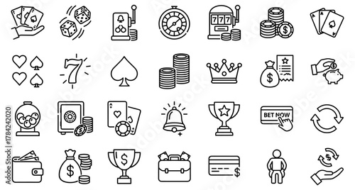 Gambling Icons Collection Vector Set Featuring Card Games, Casino Chips, Slot Machines, and Financial Elements for Luck, Chance, and Winning in Betting and Investment Strategies