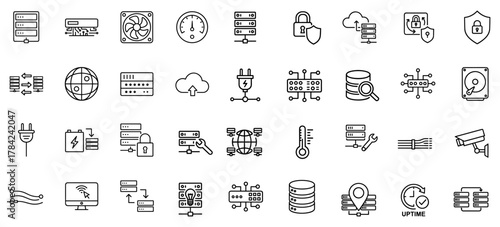 Essential IT Infrastructure Line Icons Collection for Network Solutions Server Hardware and Data Management featuring Security Systems Data Storage and Telecommunications Technology Thin Line Style