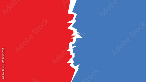 Split, division, conflict, opposition, separation background. Red and blue crack comparison background