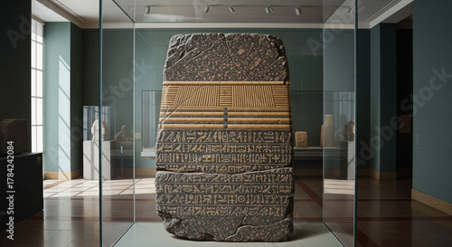 Ancient Inscribed Stone Stele on Display in a Museum Gallery with Sunlight