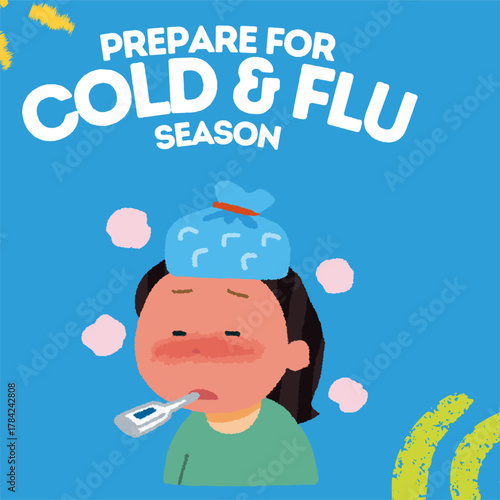 Cute sick child illustration for cold and flu season, suitable for health awareness designs, medical education materials, and kids’ healthcare content.