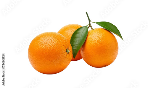 Three ripe oranges with green leaves on a white background.