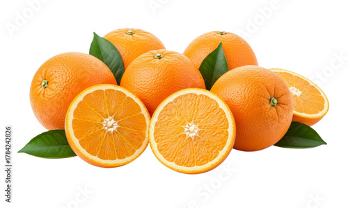 Fresh whole and halved oranges with green leaves on a white background.