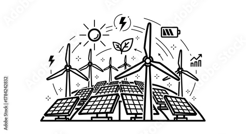 Outline illustration depicting renewable energy sources: solar panels, wind turbines, sun, leaves, battery, and chart, symbolizing sustainable power generation.