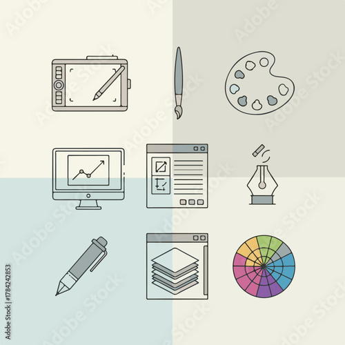 Minimalist Vector Icon Set of Creative Design Tools Featuring Art Palette Pen Brush and Color Wheel in Modern Flat Style